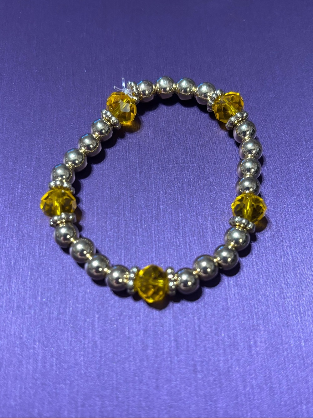 Yellow Glass Faceted Bead & Gold Round Bead Stretch Bracelet Small Wrist